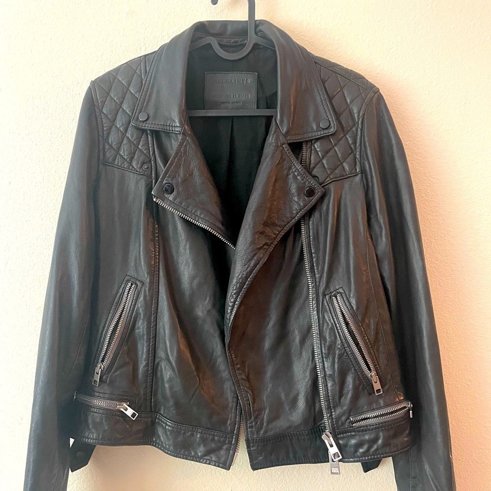 NEW ALL SAINTS LEATHER JACKET WITH QUILTED SHOULDERS AND BLACK HARDWARE!!